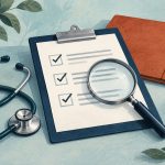 Editorial illustration of a checklist, magnifying glass and stethoscope for reviewing a medical clinic's credentials and care process.