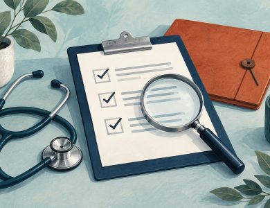 Editorial illustration of a checklist, magnifying glass and stethoscope for reviewing a medical clinic's credentials and care process.