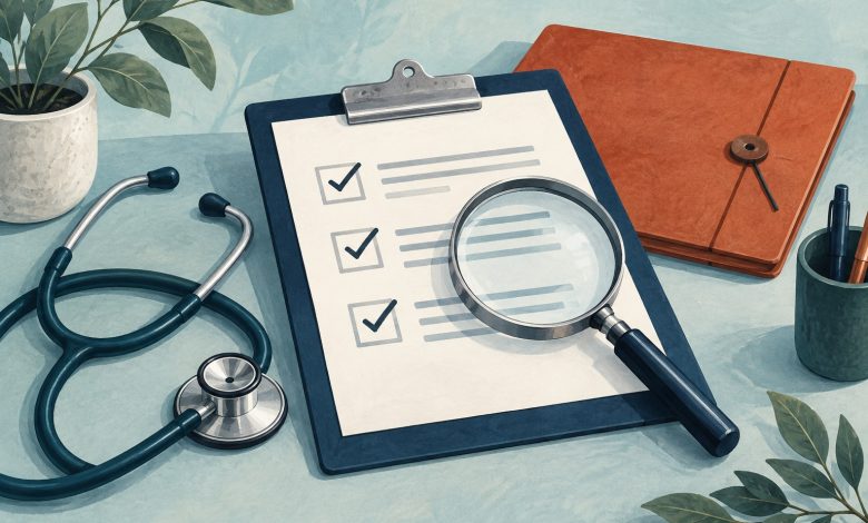 Editorial illustration of a checklist, magnifying glass and stethoscope for reviewing a medical clinic's credentials and care process.