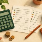 Editorial illustration of a calculator, itemized cost sheets, coins and a pear for comparing nutrition-care expenses.