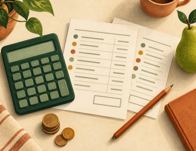 Editorial illustration of a calculator, itemized cost sheets, coins and a pear for comparing nutrition-care expenses.