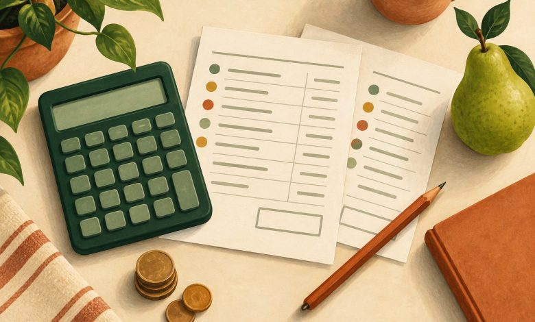 Editorial illustration of a calculator, itemized cost sheets, coins and a pear for comparing nutrition-care expenses.